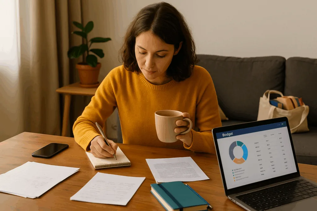 Teacher managing monthly budget at home desk