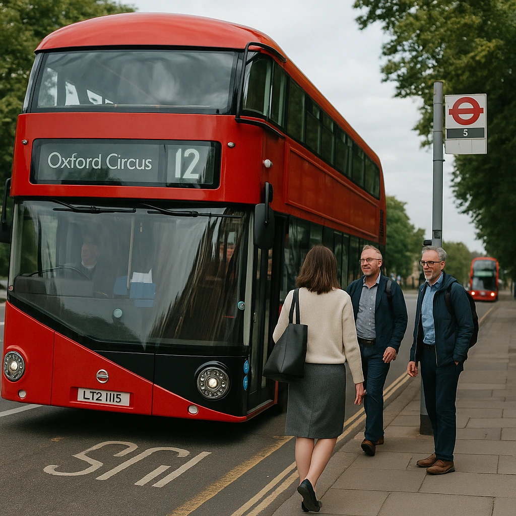 Teachers boarding red double-decker bus in London