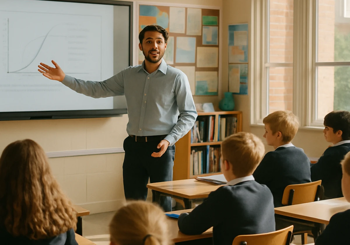Mid-career teacher standing at the front of a modern UK secondary