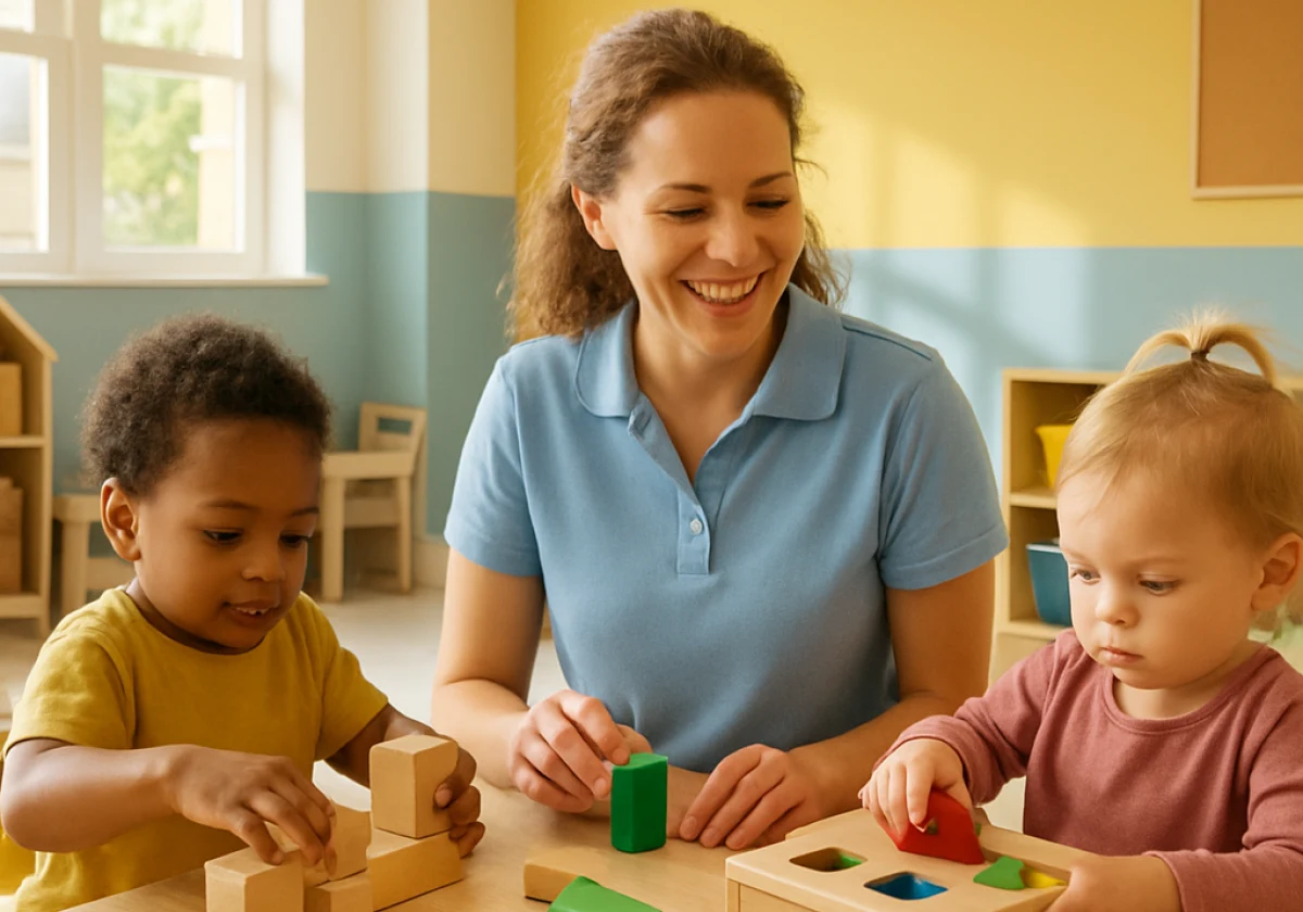 Nursery teacher with students during morning activity time
