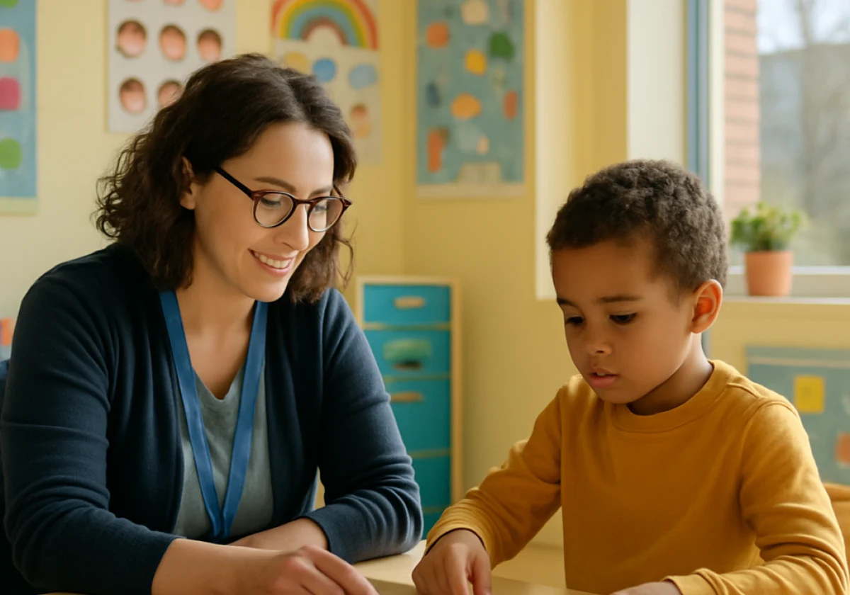 Qualified SEN teacher sitting at a low table in a bright