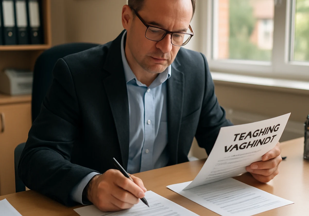 School administrator in a school office at a desk organizing printed