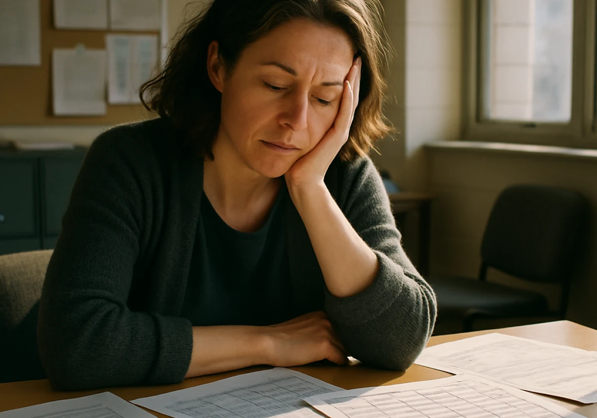 Tired secondary school teacher sitting at a desk in the staff room